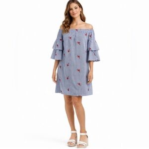 Betsey Johnson off shoulder blue stripe floral off shoulder dress